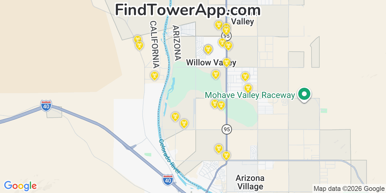 Map showing the 20 primary cell tower locations detected in Willow Valley, Arizona from AT&T, Verizon, and T-Mobile networks