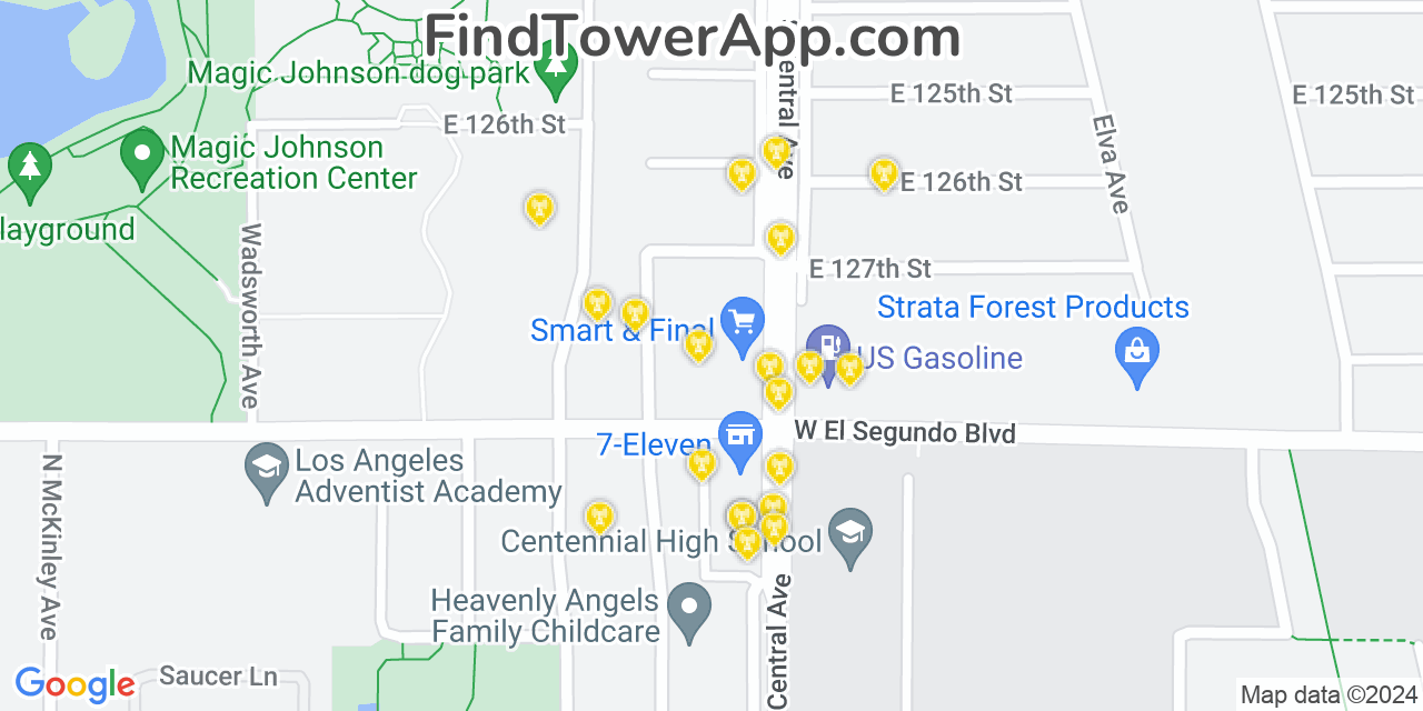 AT&T 4G/5G cell tower coverage map Willowbrook, California