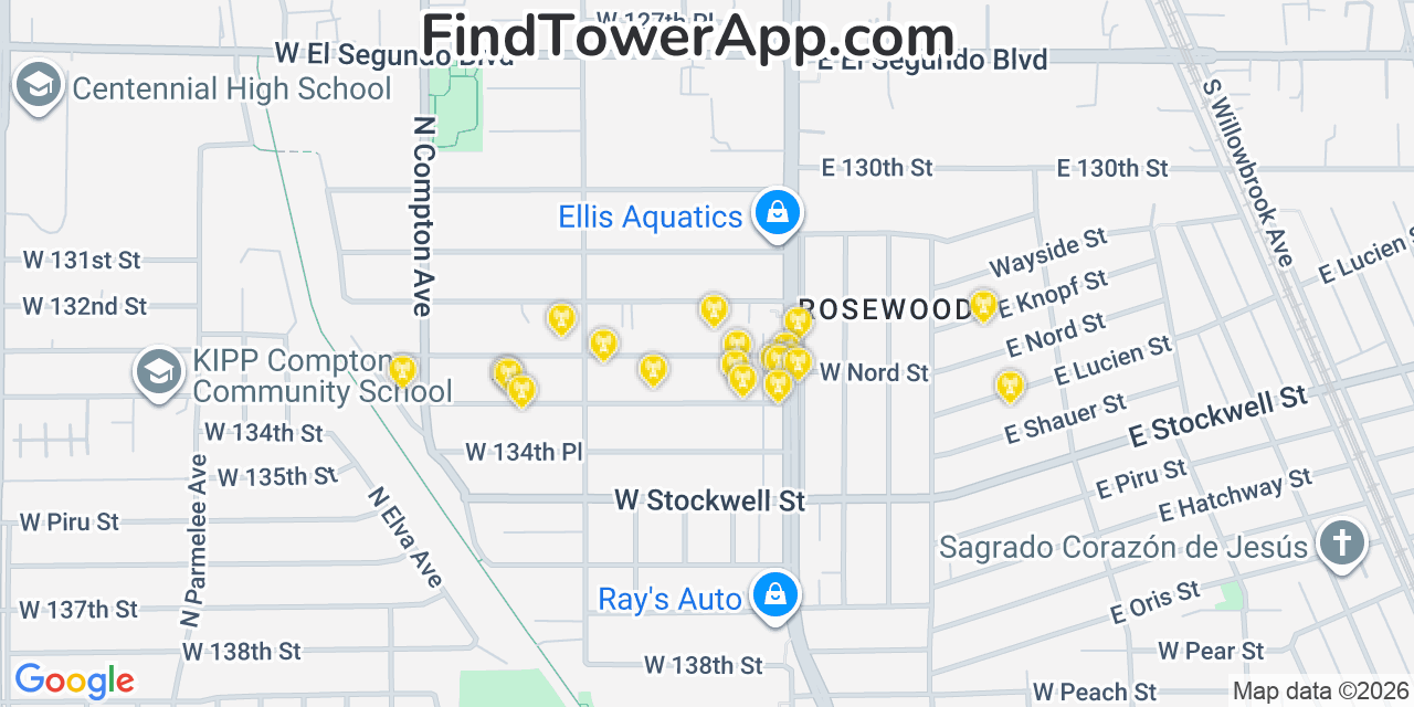 Map showing the 20 primary cell tower locations detected in Willowbrook, California from AT&T, Verizon, and T-Mobile networks