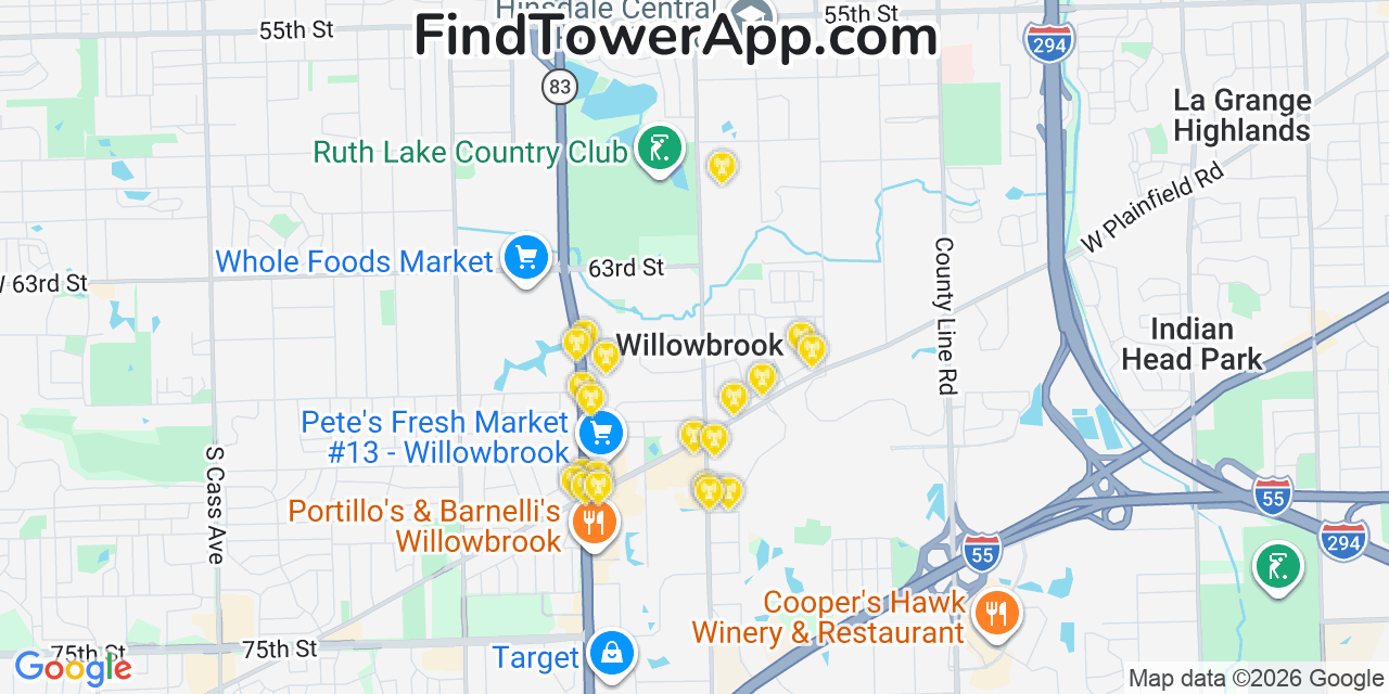 Map showing the 20 primary cell tower locations detected in Willowbrook, Illinois from AT&T, Verizon, and T-Mobile networks
