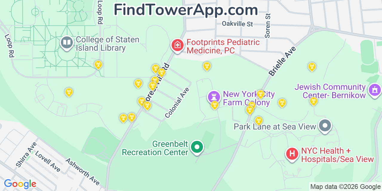 Map showing the 20 primary cell tower locations detected in Willowbrook, New York from AT&T, Verizon, and T-Mobile networks