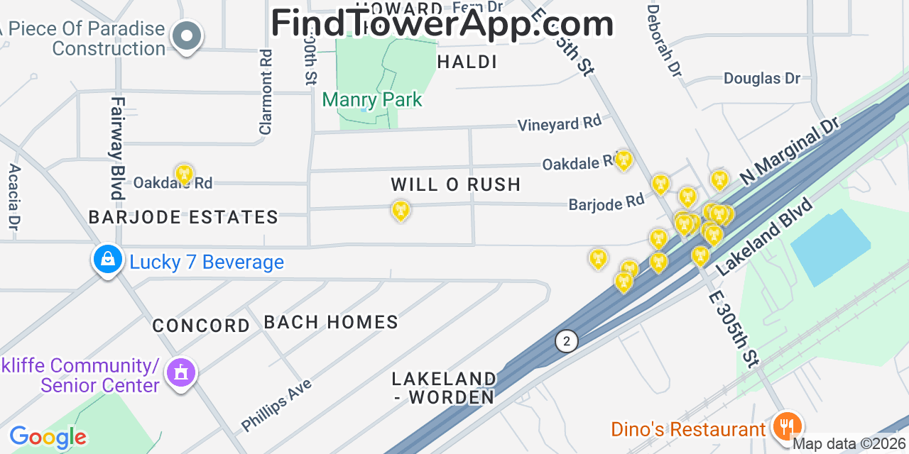 Map showing the 20 primary cell tower locations detected in Willowick, Ohio from AT&T, Verizon, and T-Mobile networks