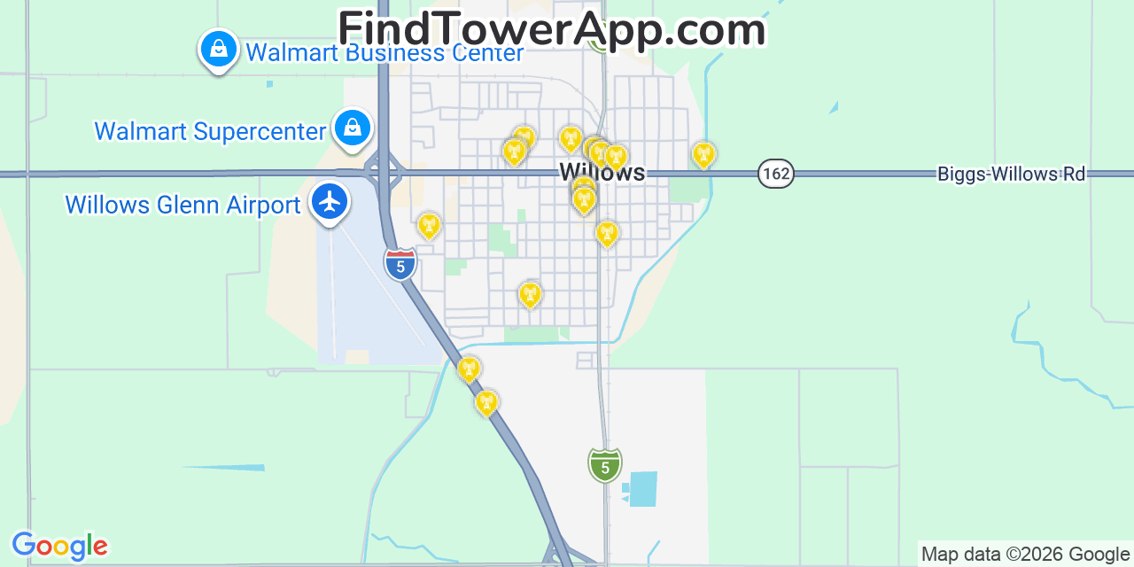Map showing the 20 primary cell tower locations detected in Willows, California from AT&T, Verizon, and T-Mobile networks