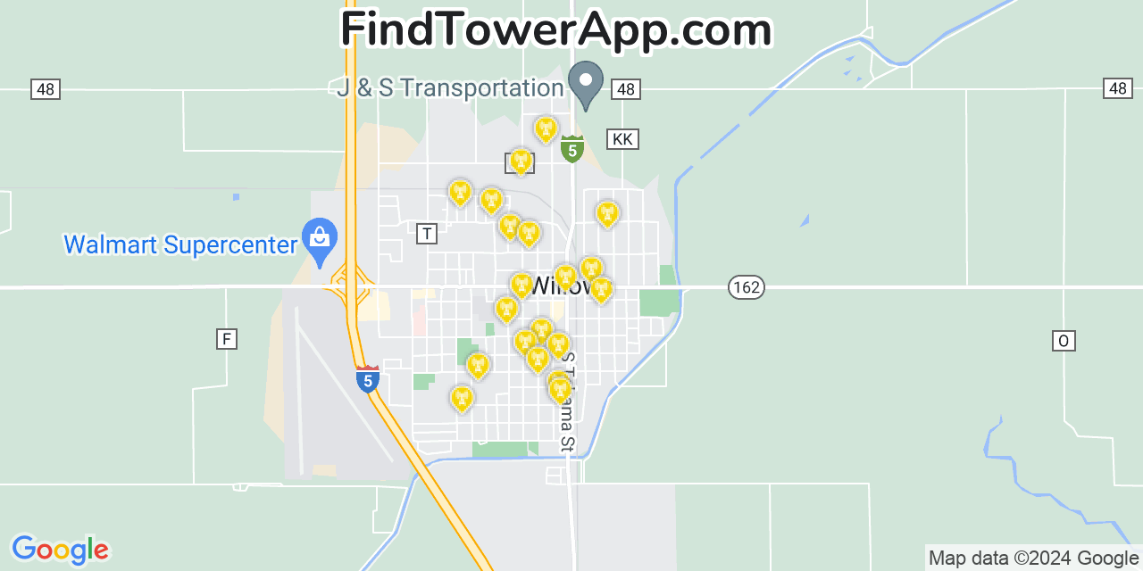 Verizon 4G/5G cell tower coverage map Willows, California