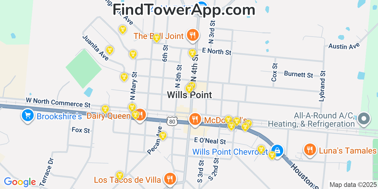 Map showing the 20 primary cell tower locations detected in Wills Point, Texas from AT&T, Verizon, and T-Mobile networks