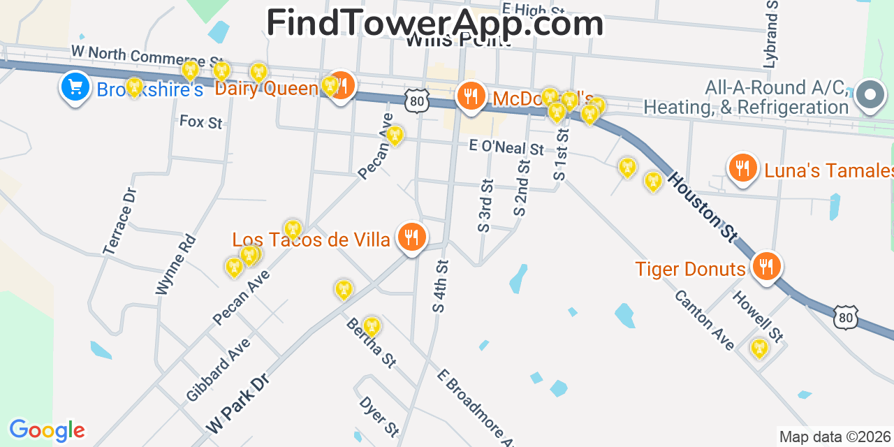 Map showing the 20 primary cell tower locations detected in Wills Point, Texas from AT&T, Verizon, and T-Mobile networks