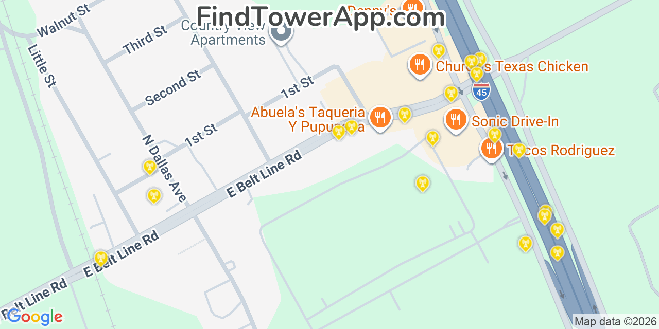 Map showing the 20 primary cell tower locations detected in Wilmer, Texas from AT&T, Verizon, and T-Mobile networks