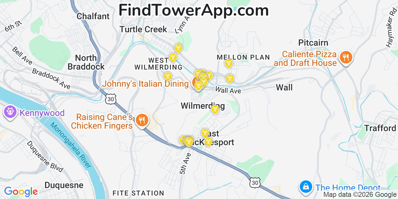 Map showing the 20 primary cell tower locations detected in Wilmerding, Pennsylvania from AT&T, Verizon, and T-Mobile networks