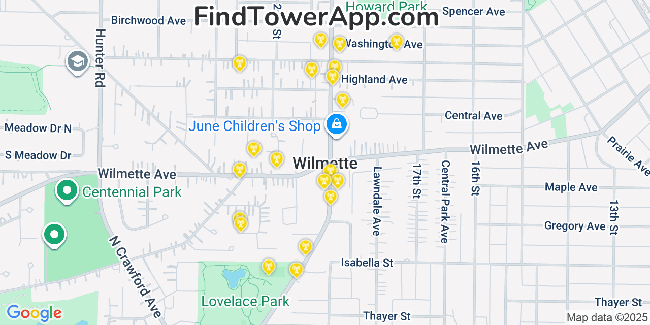 Map showing the 20 primary cell tower locations detected in Wilmette, Illinois from AT&T, Verizon, and T-Mobile networks
