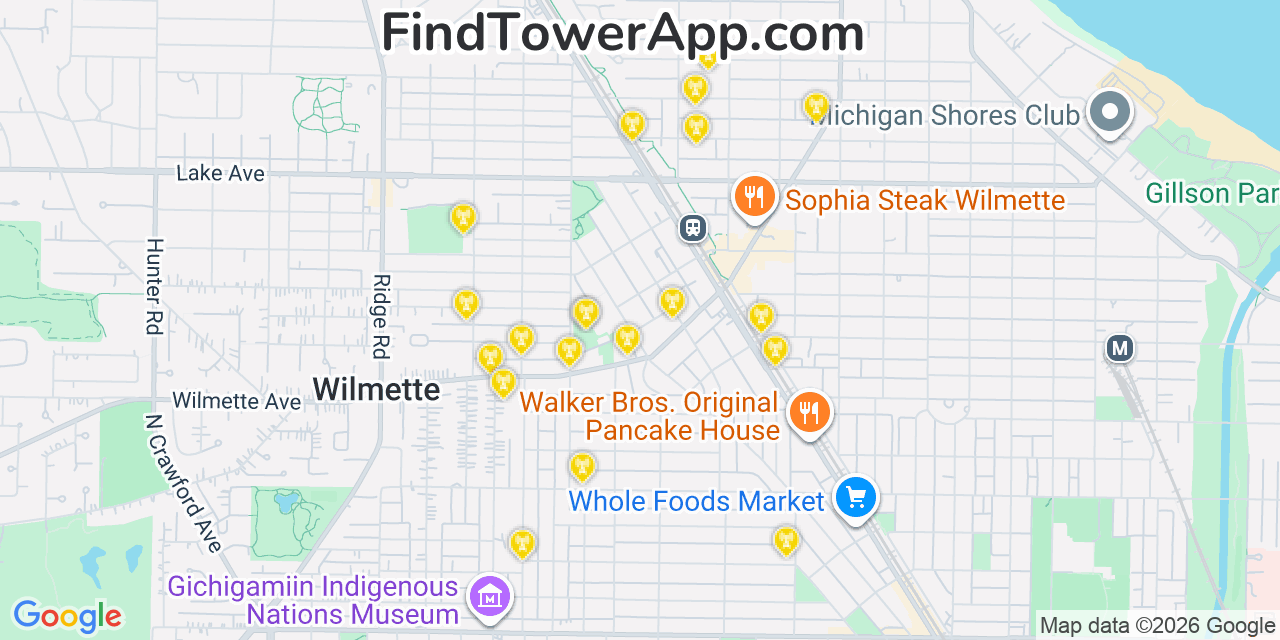 Map showing the 20 primary cell tower locations detected in Wilmette, Illinois from AT&T, Verizon, and T-Mobile networks