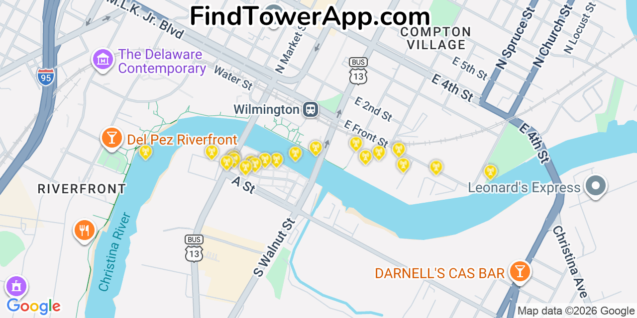Map showing the 20 primary cell tower locations detected in Wilmington, Delaware from AT&T, Verizon, and T-Mobile networks