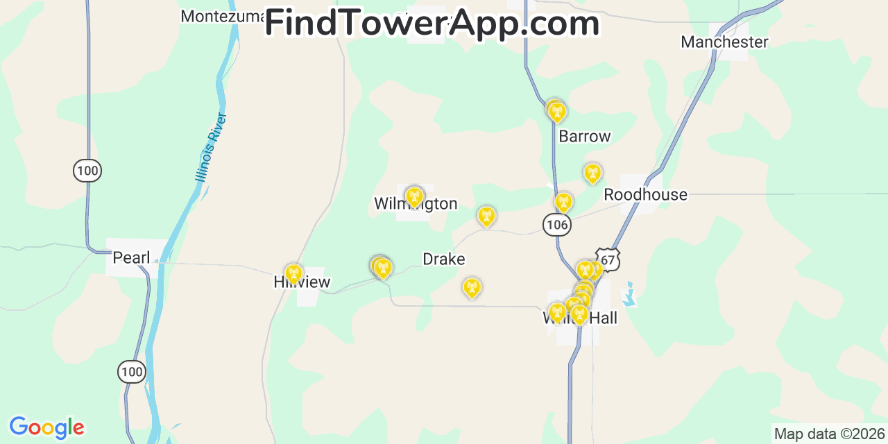 Map showing the 20 primary cell tower locations detected in Wilmington, Illinois from AT&T, Verizon, and T-Mobile networks