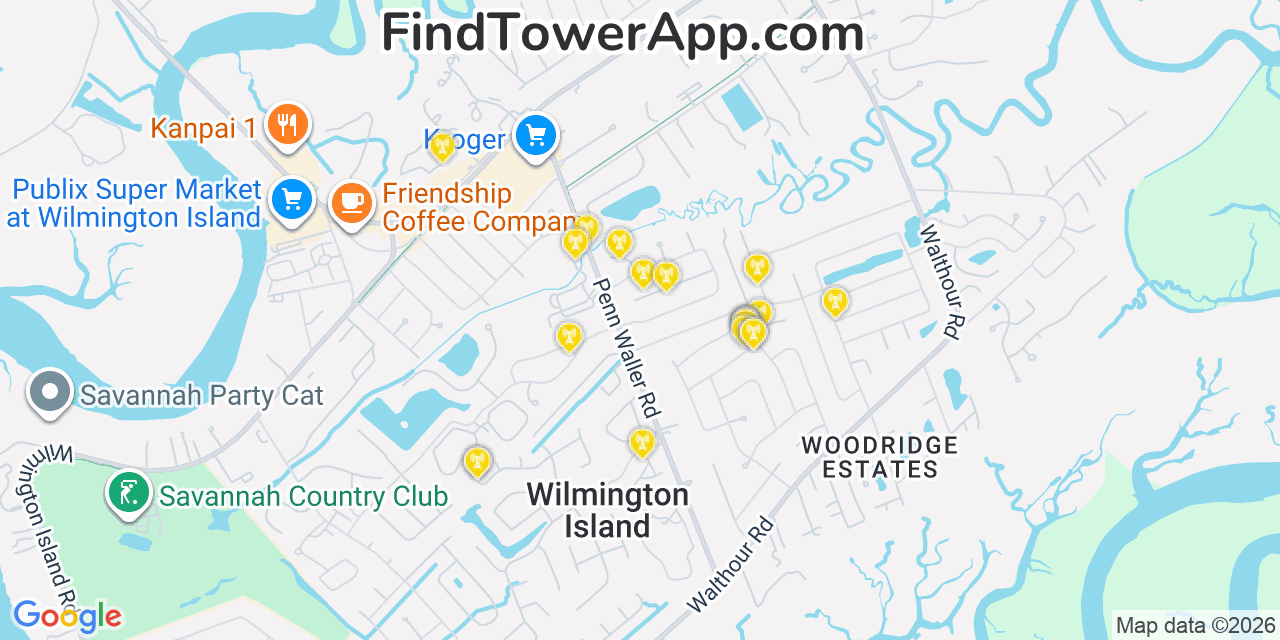 Map showing the 20 primary cell tower locations detected in Wilmington Island, Georgia from AT&T, Verizon, and T-Mobile networks
