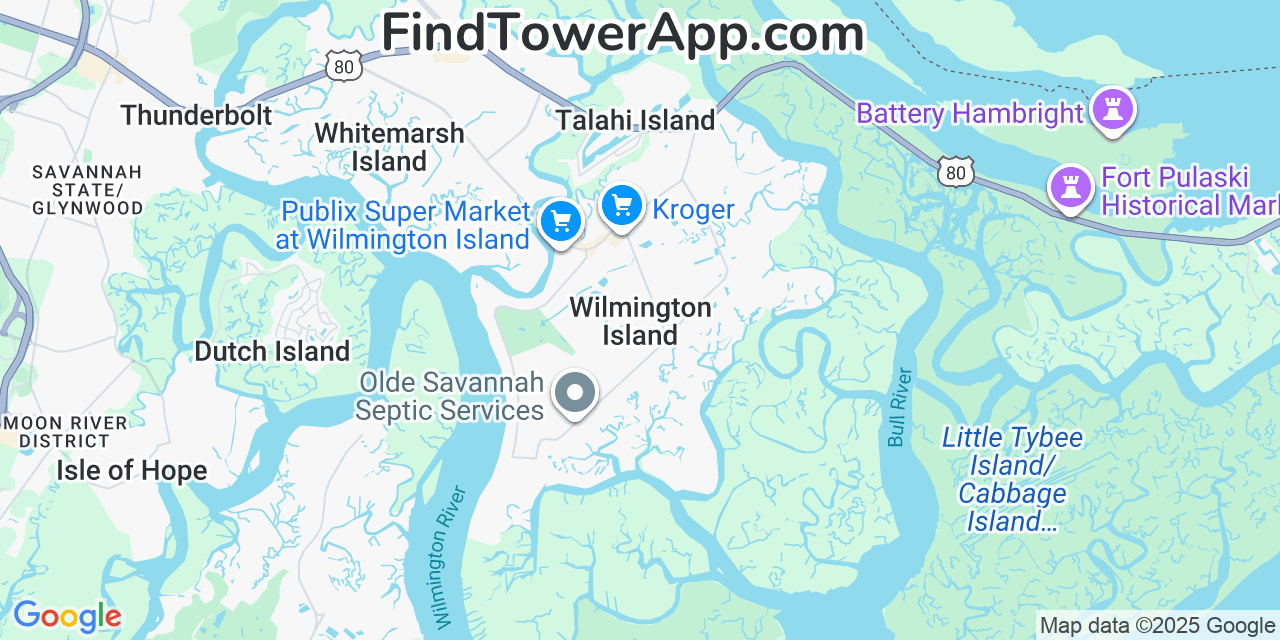 Map showing the 20 primary Mobitel cell tower locations detected in Wilmington Island, Georgia with coverage radius and signal strength indicators