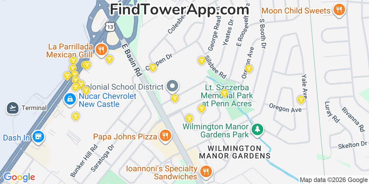 Map showing the 20 primary cell tower locations detected in Wilmington Manor, Delaware from AT&T, Verizon, and T-Mobile networks