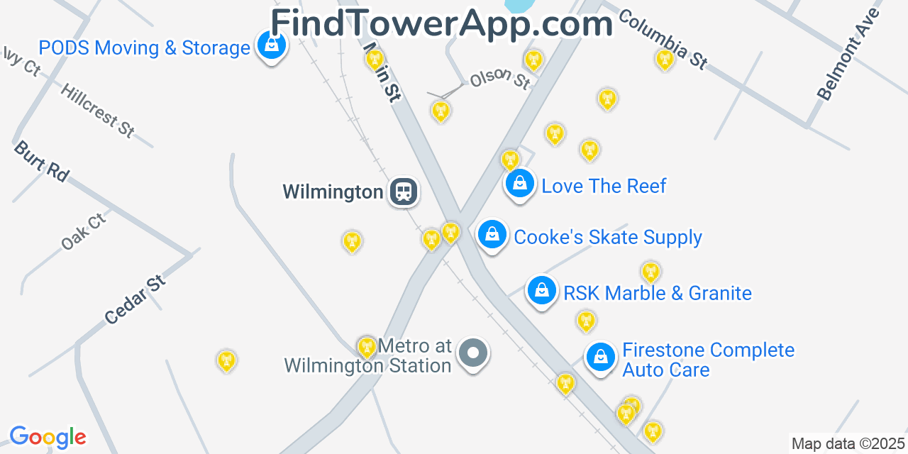 Map showing the 20 primary cell tower locations detected in Wilmington, Massachusetts from AT&T, Verizon, and T-Mobile networks