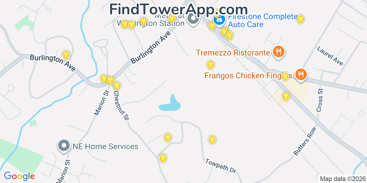 Map showing the 20 primary cell tower locations detected in Wilmington, Massachusetts from AT&T, Verizon, and T-Mobile networks