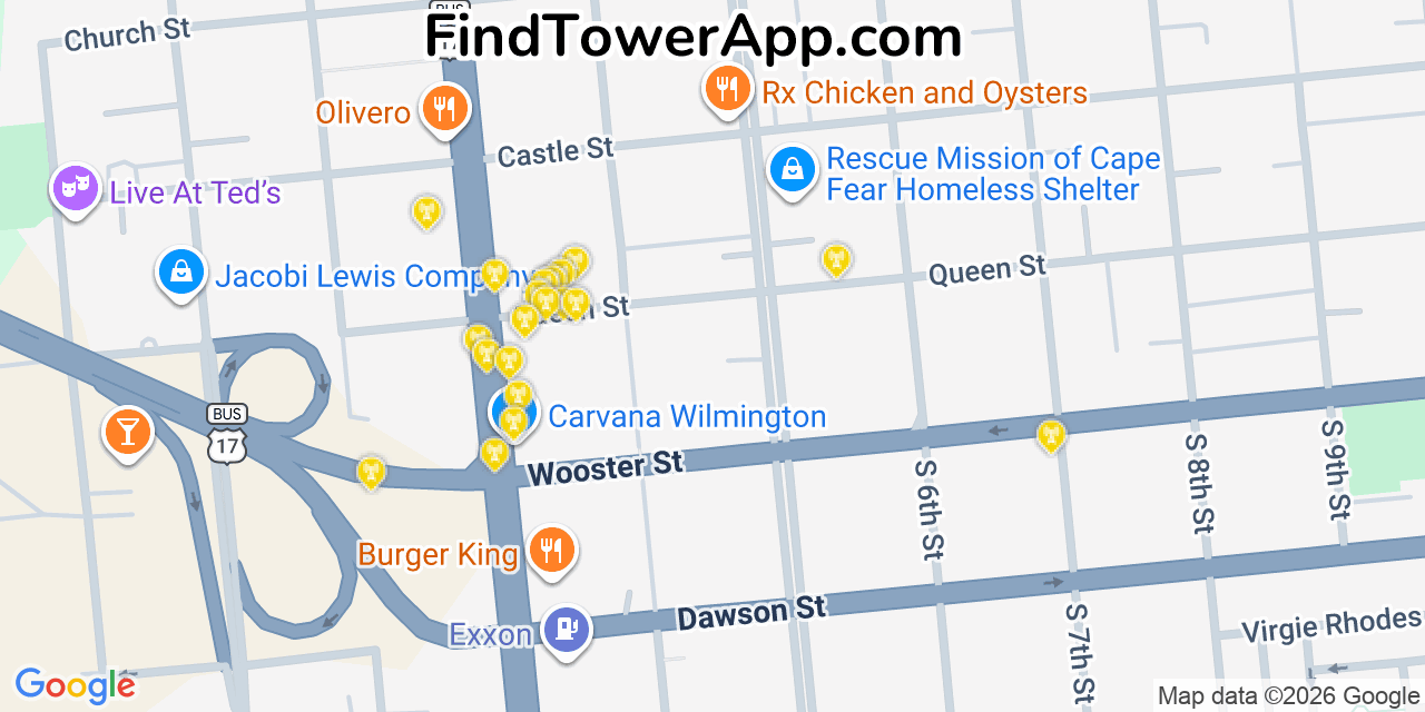Map showing the 20 primary cell tower locations detected in Wilmington, North Carolina from AT&T, Verizon, and T-Mobile networks