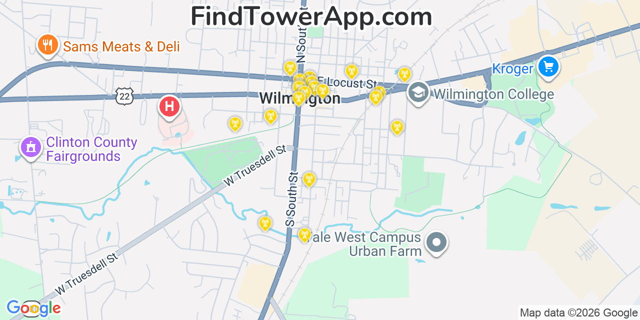 Map showing the 20 primary cell tower locations detected in Wilmington, Ohio from AT&T, Verizon, and T-Mobile networks