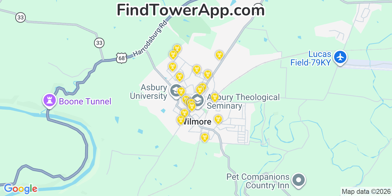 Map showing the 20 primary cell tower locations detected in Wilmore, Kentucky from AT&T, Verizon, and T-Mobile networks