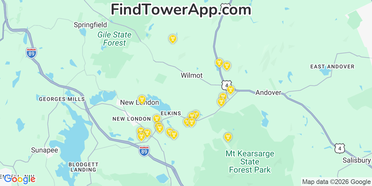 Map showing the 20 primary cell tower locations detected in Wilmot, New Hampshire from AT&T, Verizon, and T-Mobile networks