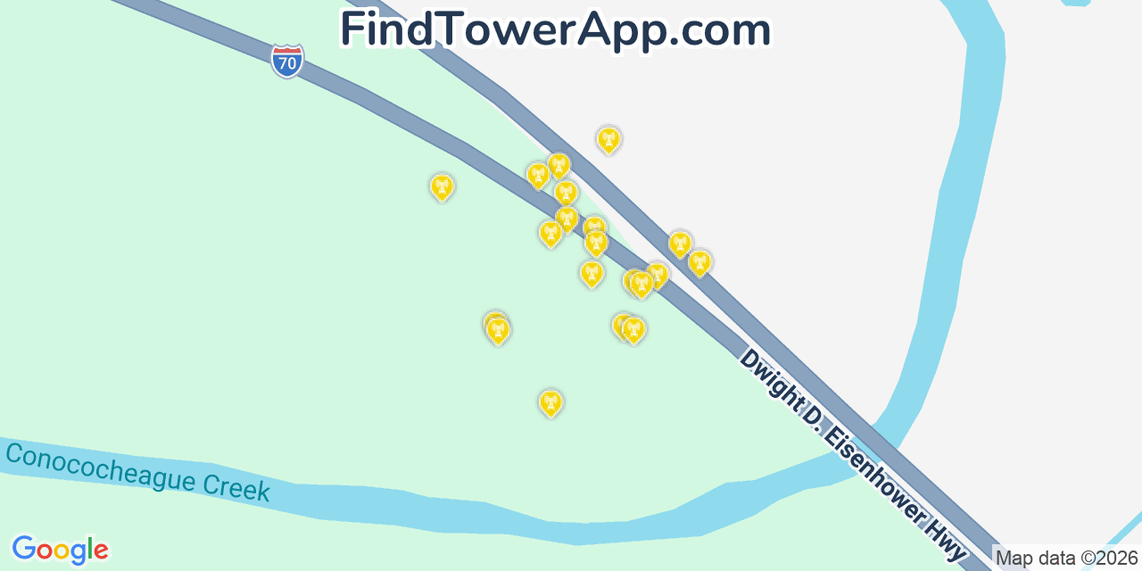 Map showing the 20 primary cell tower locations detected in Wilson Conococheague, Maryland from AT&T, Verizon, and T-Mobile networks