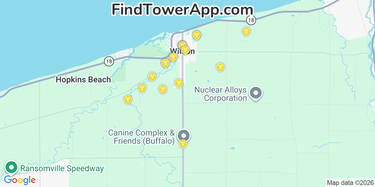 Map showing the 20 primary cell tower locations detected in Wilson, New York from AT&T, Verizon, and T-Mobile networks