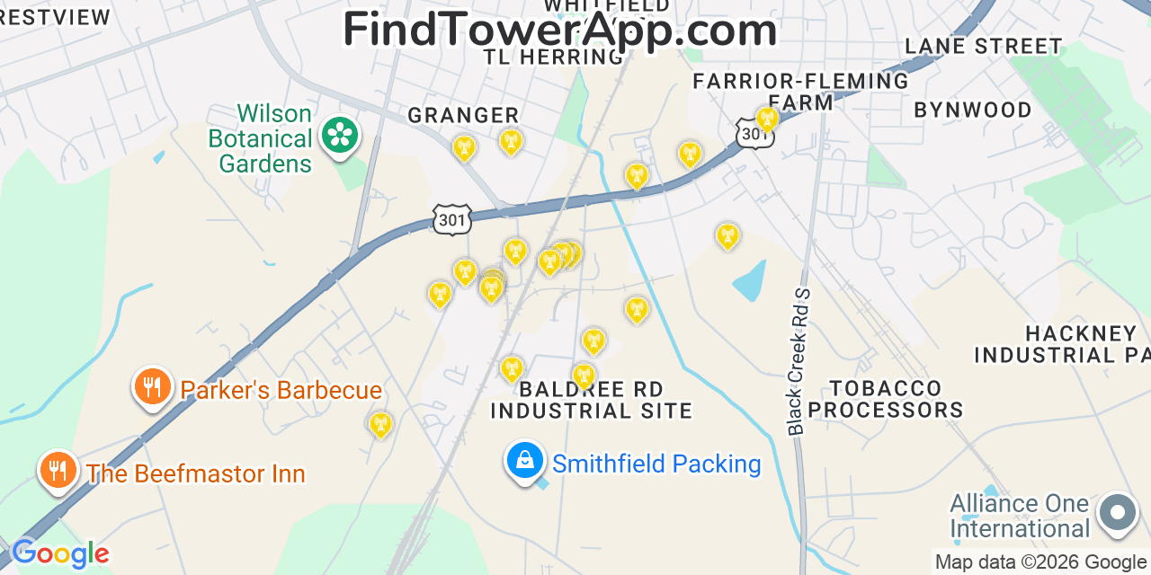Map showing the 20 primary cell tower locations detected in Wilson, North Carolina from AT&T, Verizon, and T-Mobile networks