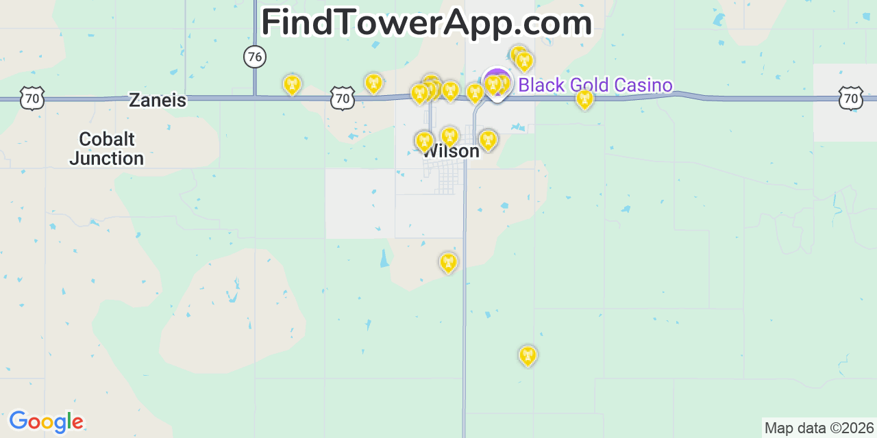 Map showing the 20 primary cell tower locations detected in Wilson, Oklahoma from AT&T, Verizon, and T-Mobile networks