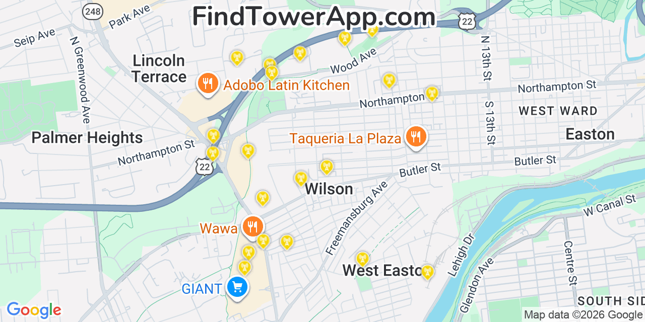 Map showing the 20 primary cell tower locations detected in Wilson, Pennsylvania from AT&T, Verizon, and T-Mobile networks