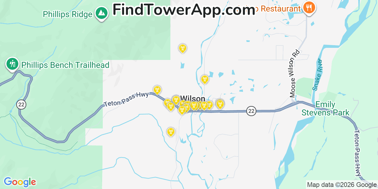 Map showing the 20 primary cell tower locations detected in Wilson, Wyoming from AT&T, Verizon, and T-Mobile networks