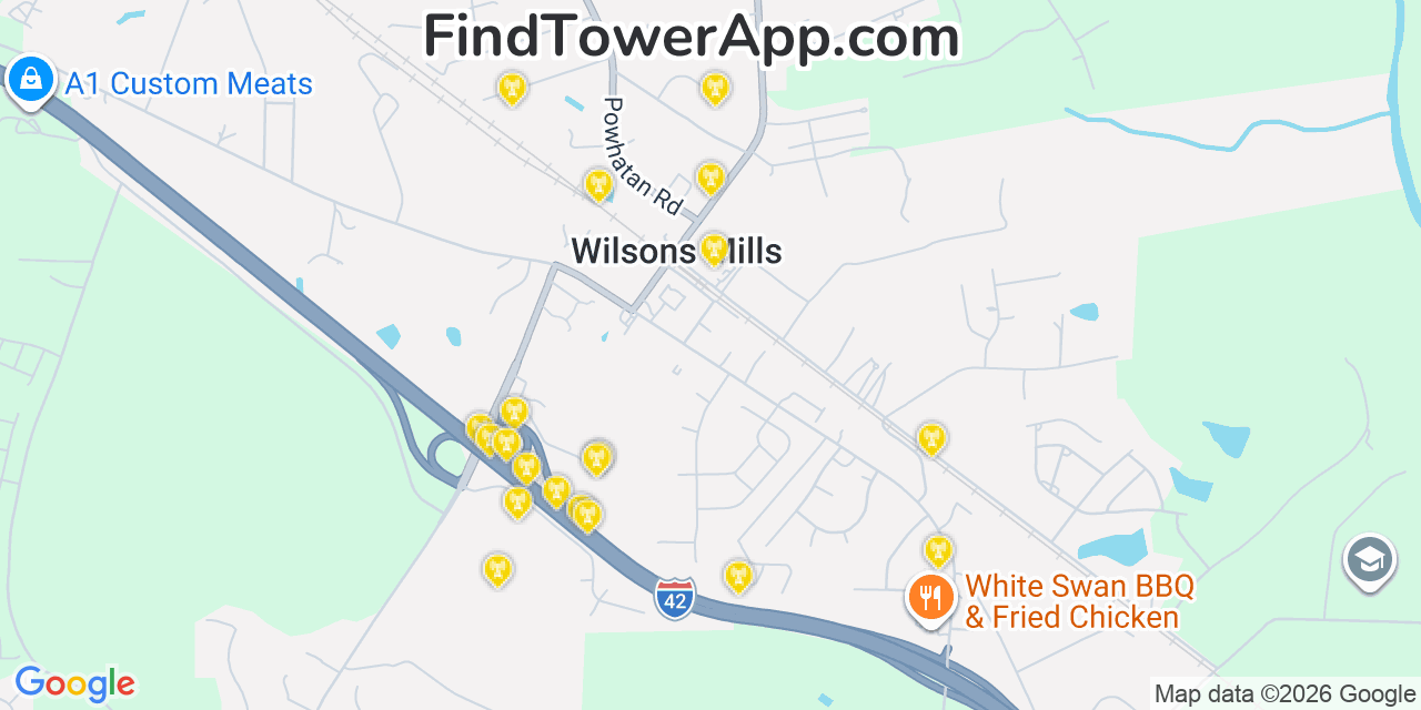 Map showing the 20 primary cell tower locations detected in Wilsons Mills, North Carolina from AT&T, Verizon, and T-Mobile networks