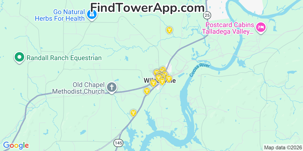 Map showing the 20 primary cell tower locations detected in Wilsonville, Alabama from AT&T, Verizon, and T-Mobile networks