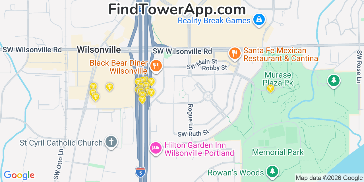 Map showing the 20 primary cell tower locations detected in Wilsonville, Oregon from AT&T, Verizon, and T-Mobile networks