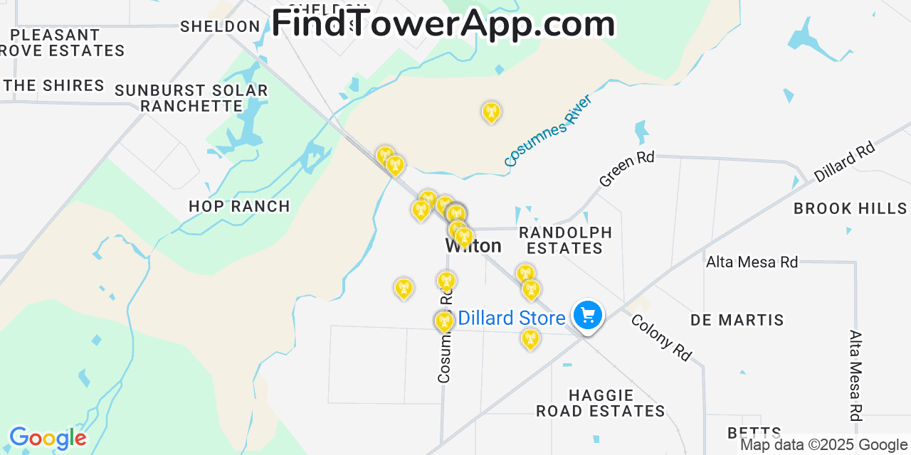 Map showing the 20 primary cell tower locations detected in Wilton, California from AT&T, Verizon, and T-Mobile networks