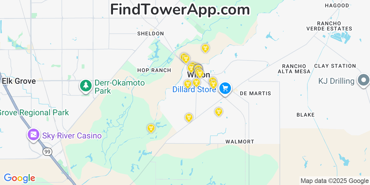 Map showing the 20 primary cell tower locations detected in Wilton, California from AT&T, Verizon, and T-Mobile networks