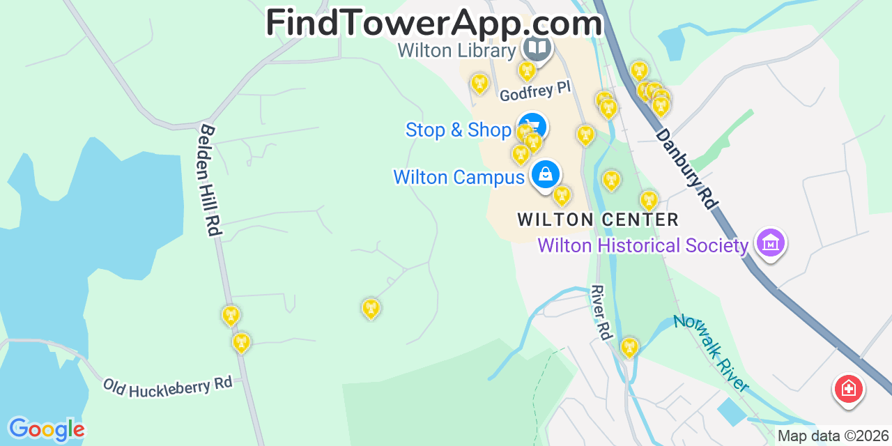 Map showing the 20 primary cell tower locations detected in Wilton, Connecticut from AT&T, Verizon, and T-Mobile networks