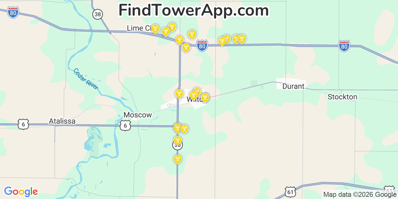 Map showing the 20 primary cell tower locations detected in Wilton, Iowa from AT&T, Verizon, and T-Mobile networks