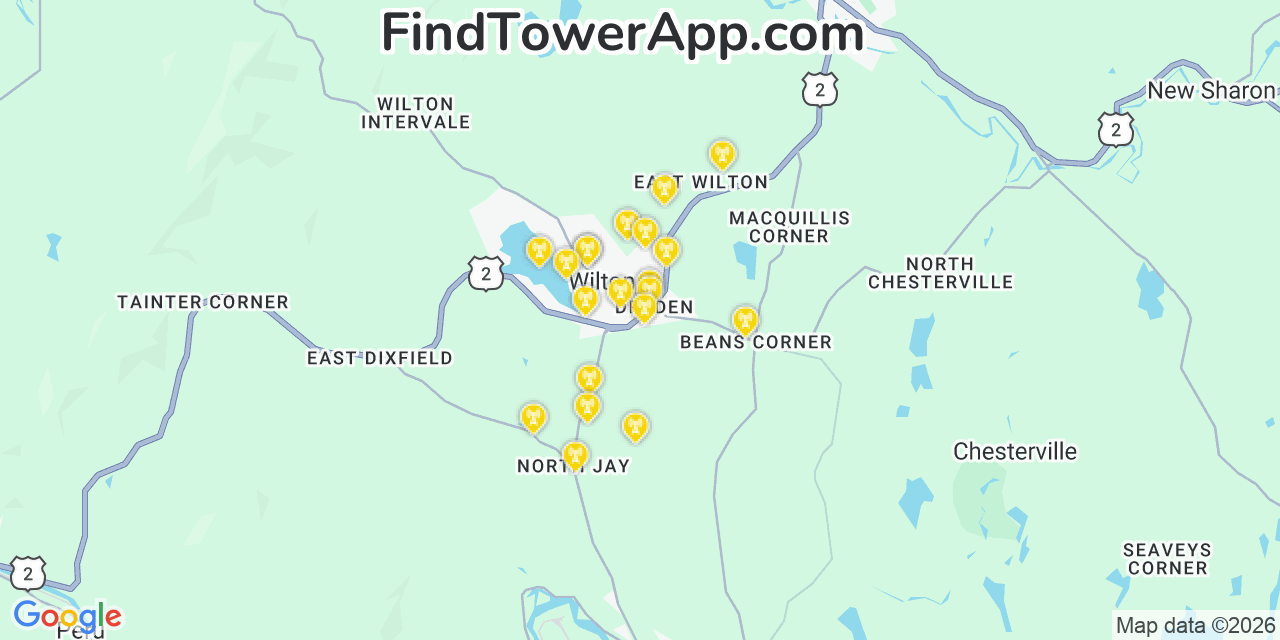 Map showing the 20 primary cell tower locations detected in Wilton, Maine from AT&T, Verizon, and T-Mobile networks