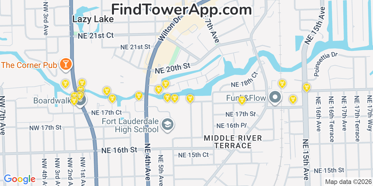 Map showing the 20 primary cell tower locations detected in Wilton Manors, Florida from AT&T, Verizon, and T-Mobile networks