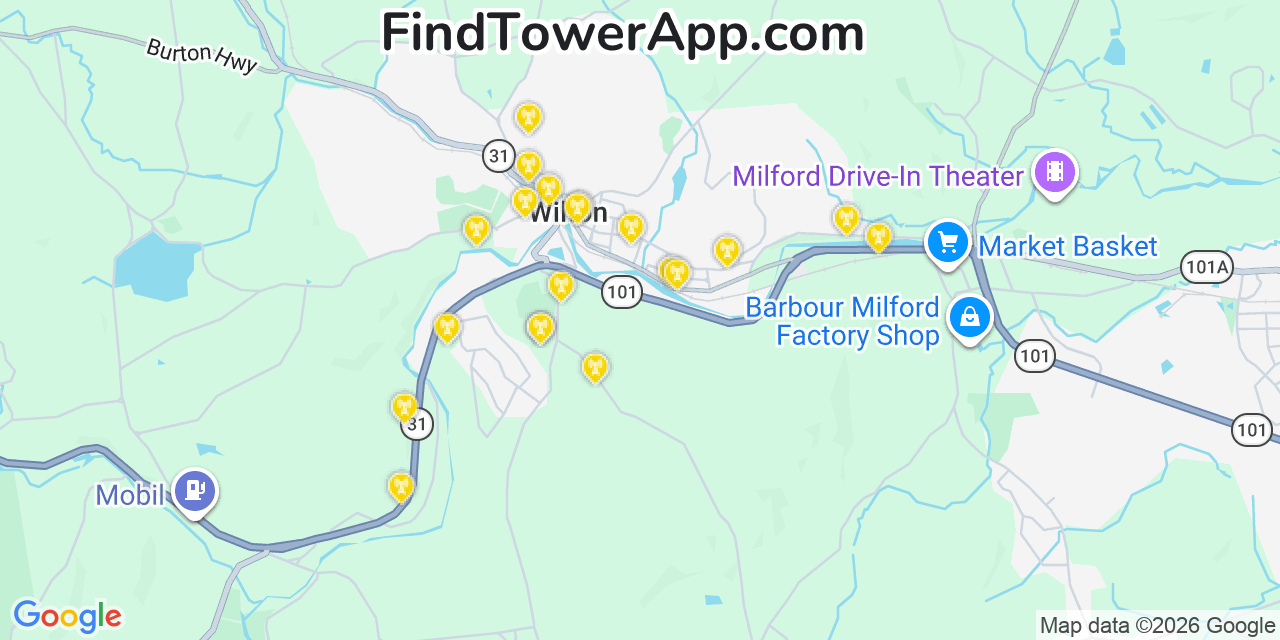 Map showing the 20 primary cell tower locations detected in Wilton, New Hampshire from AT&T, Verizon, and T-Mobile networks