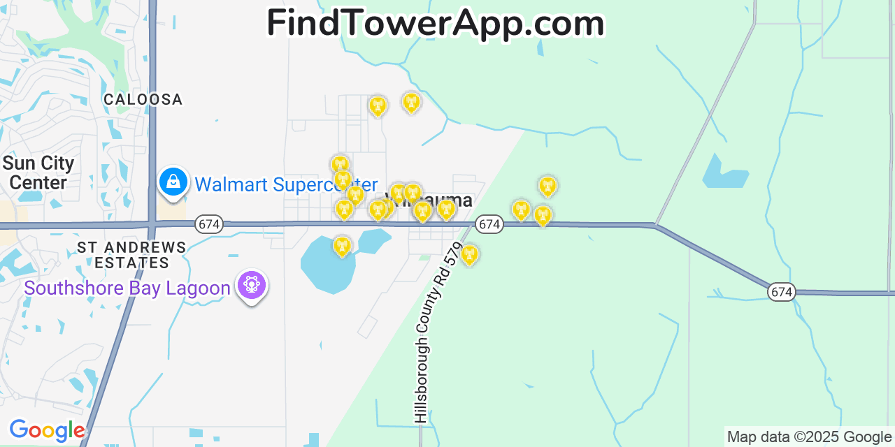 Map showing the 20 primary cell tower locations detected in Wimauma, Florida from AT&T, Verizon, and T-Mobile networks
