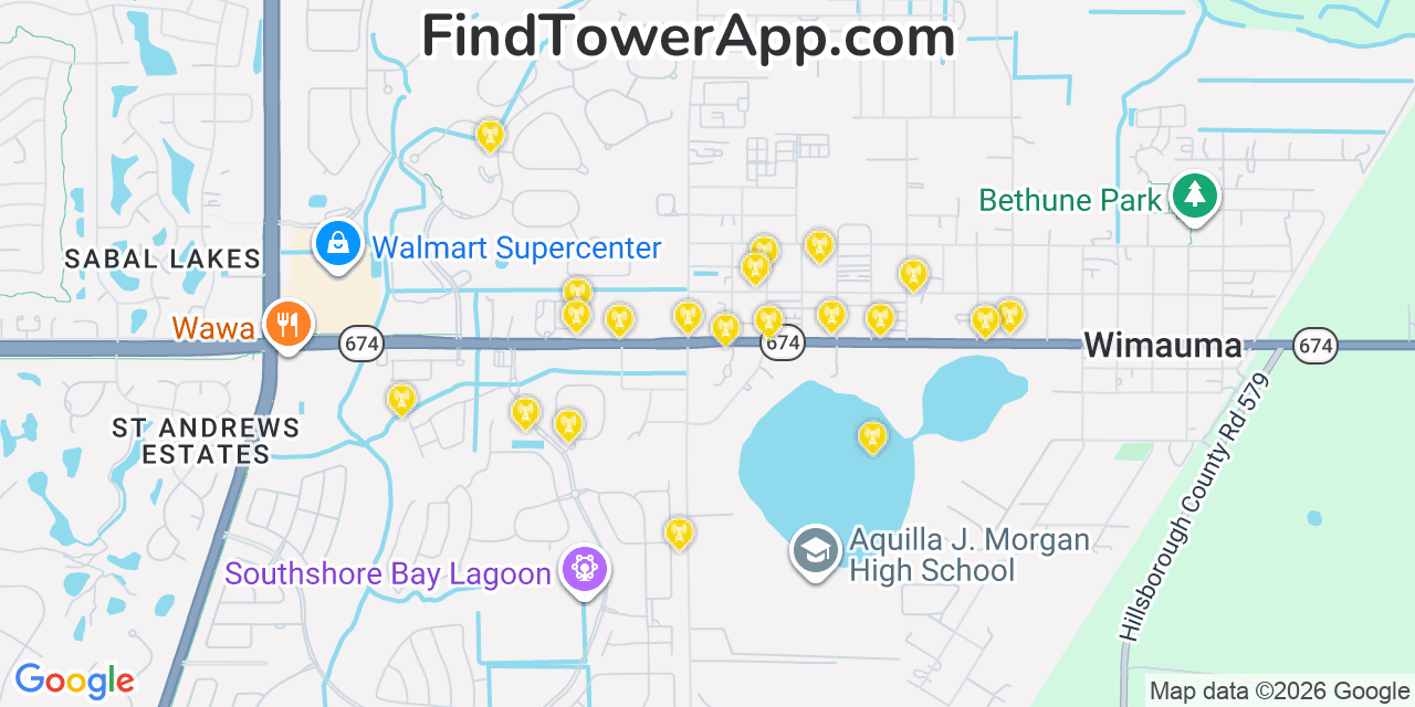 Map showing the 20 primary cell tower locations detected in Wimauma, Florida from AT&T, Verizon, and T-Mobile networks