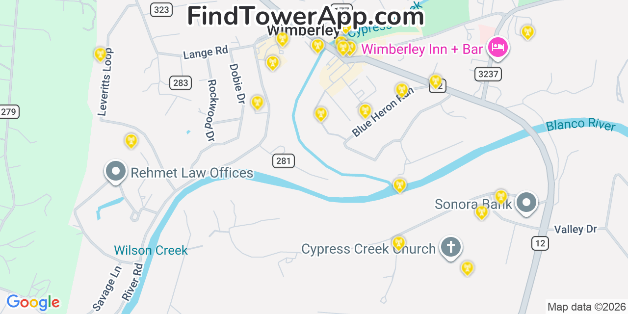 Map showing the 20 primary cell tower locations detected in Wimberley, Texas from AT&T, Verizon, and T-Mobile networks