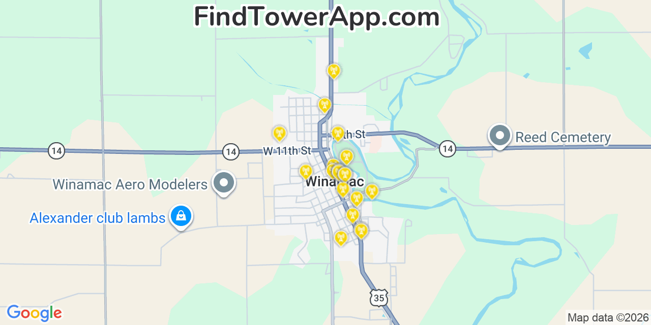 Map showing the 20 primary cell tower locations detected in Winamac, Indiana from AT&T, Verizon, and T-Mobile networks