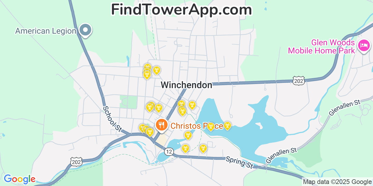 Map showing the 20 primary cell tower locations detected in Winchendon, Massachusetts from AT&T, Verizon, and T-Mobile networks