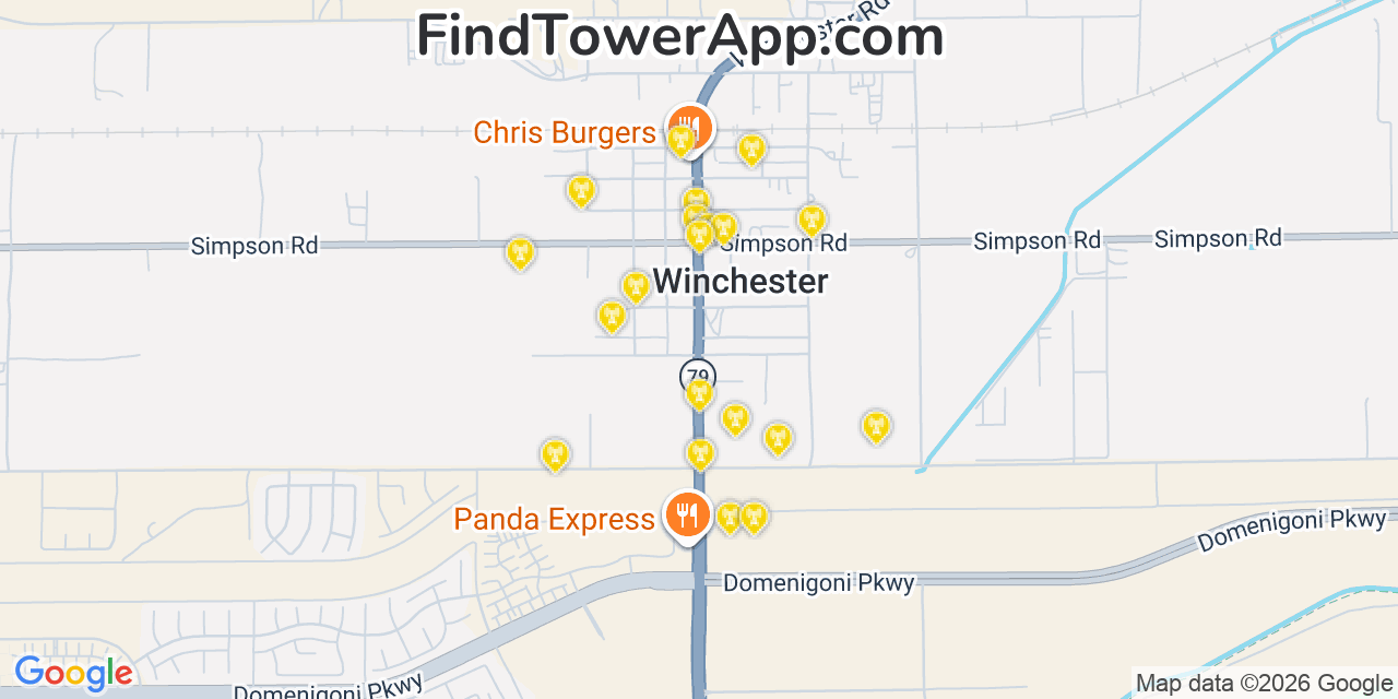 Map showing the 20 primary cell tower locations detected in Winchester, California from AT&T, Verizon, and T-Mobile networks