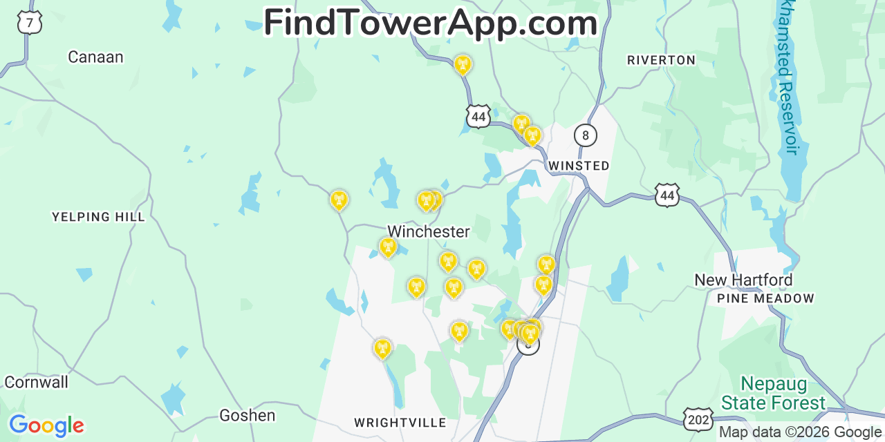 Map showing the 20 primary cell tower locations detected in Winchester Center, Connecticut from AT&T, Verizon, and T-Mobile networks