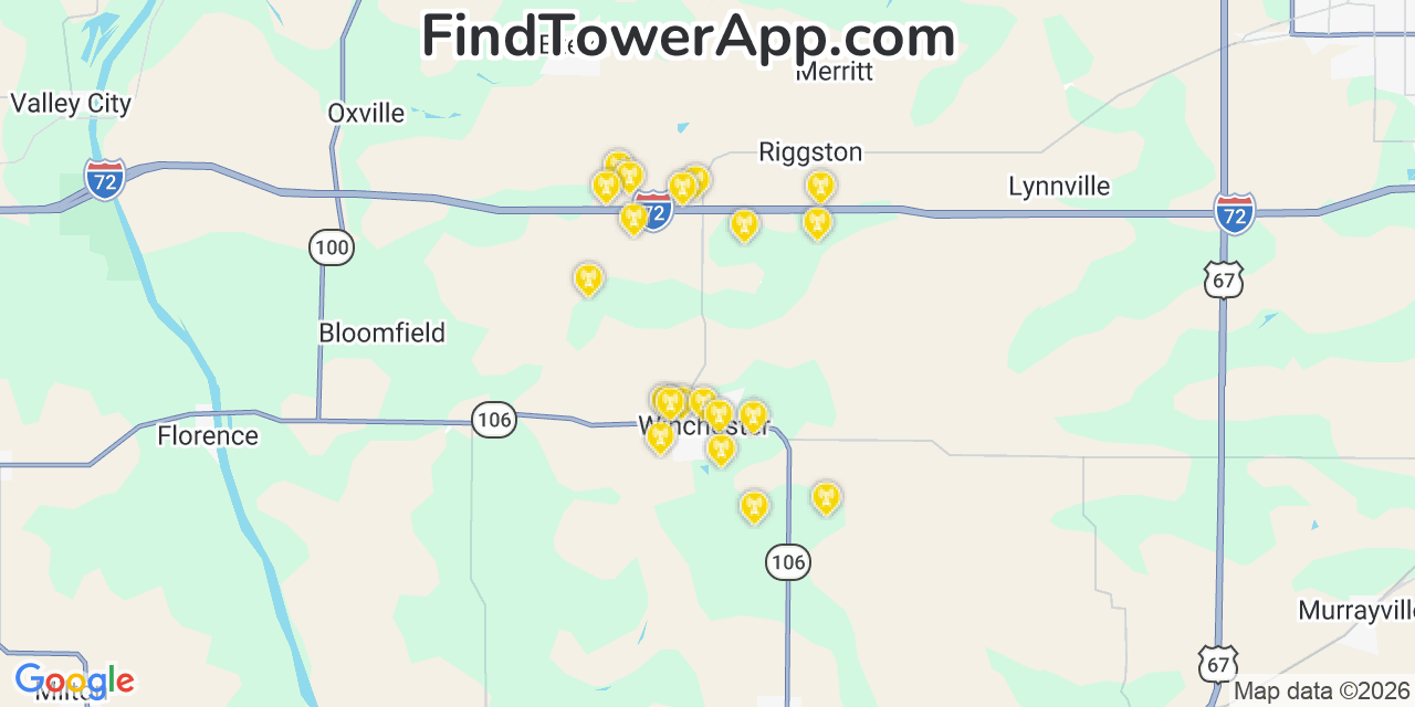 Map showing the 20 primary cell tower locations detected in Winchester, Illinois from AT&T, Verizon, and T-Mobile networks