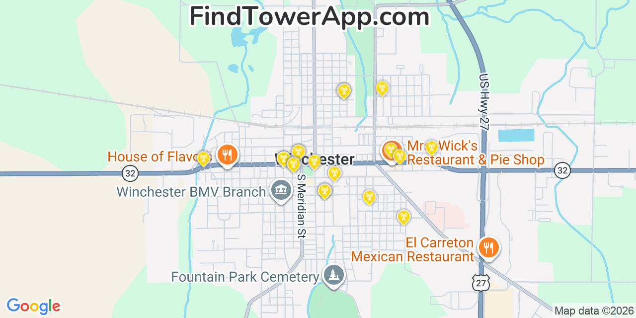 Map showing the 20 primary cell tower locations detected in Winchester, Indiana from AT&T, Verizon, and T-Mobile networks